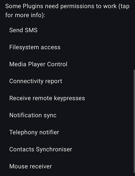 A screenshot of a fresh KDE Connect install showing a list requesting 9 permissions